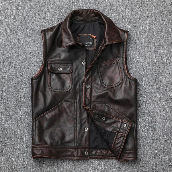 Homens Coletes Motociclista Motocicleta Motocicleta Marrom Real Vest Couro De Alta Qualidade Genuine Waistcoat Cowhide sem mangas jaqueta