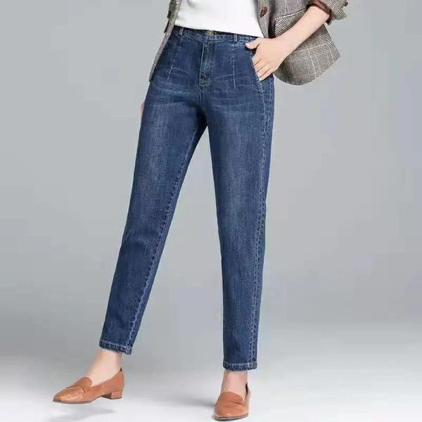 

women's jeans plus size blue denim pants 2021 spring autumn elastic women high waist harlan female loose ankle-length cotton