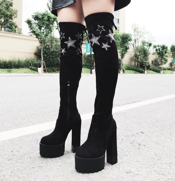 

boots over-the-knee long fashion square heel high tube stovepipe autumn winter 14 cm womens, Black