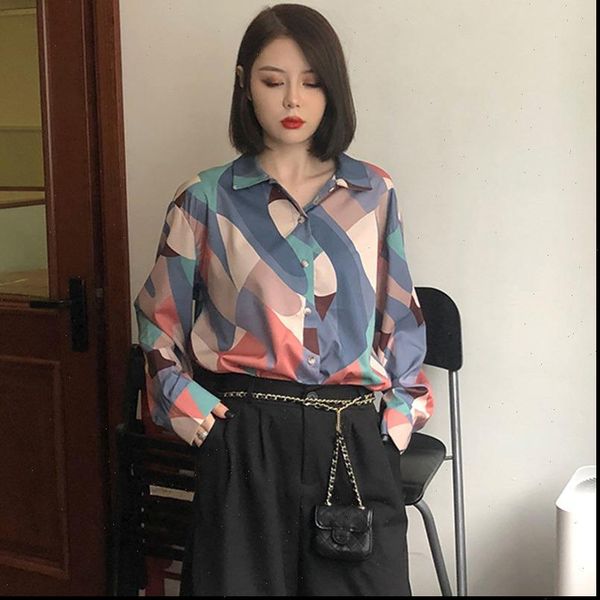 

retro oil painting blouse women korean loose chiffon blouse long sleeve shirts fashion lapel casual blouse xl, White