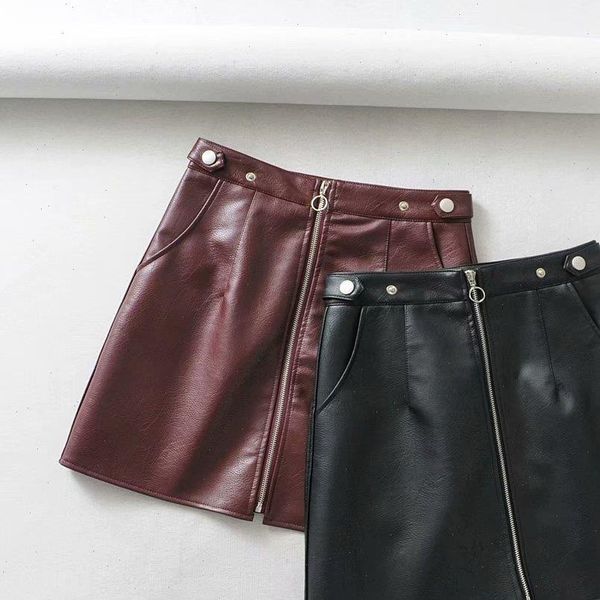 

2021 early spring european and american style womens new wholesale high waist pocket zipper pu leather skirt high quality, Black