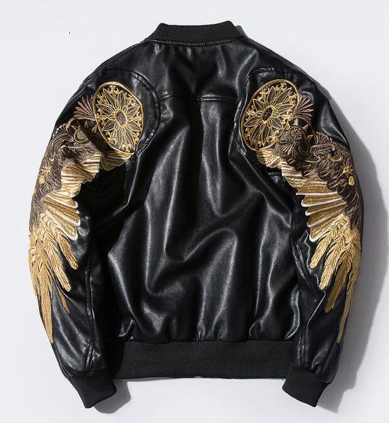 

autumn and winter personality gold feather embroidery big wings black red men's jacket loose men's motorcycle pu leather coat, Black;brown