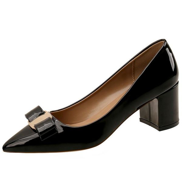 

dress shoes patent leather round toe casual bow pumps women korean autumn 2022 pointed thick heel high ladies daily, Black