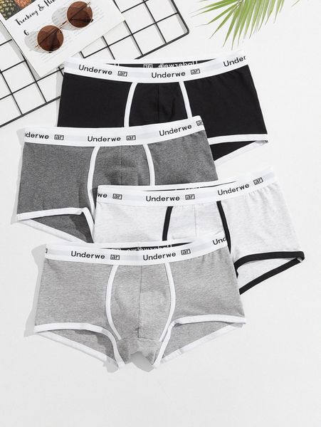 

men 4pcs contrast binding letter tape waist brief 46us#, Black;brown