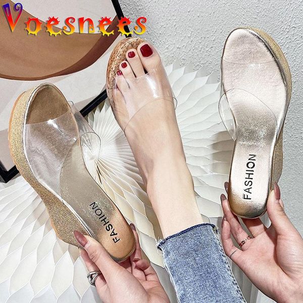 

slippers 2021 design pvc transparent bottom crystal women wedges slippersglistening thick sole waterproof platform high heel sandals, Black