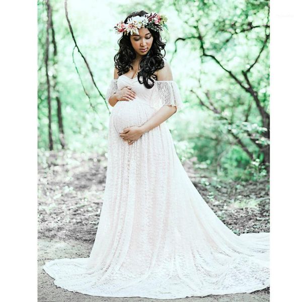 

elegant maternity dresses women floral lace short sleeve pgraphy sleeves off shoulder long pregnancy dress#guahao1, White
