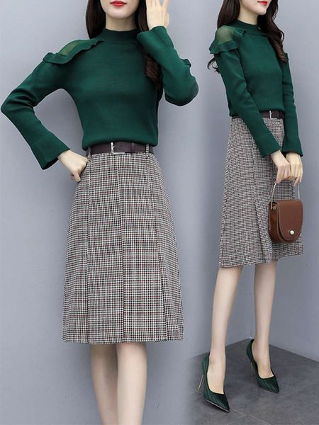 

fashion suit autumn and winter new thin sweater woolen skirt two piece women's foreign style dress, Black;gray