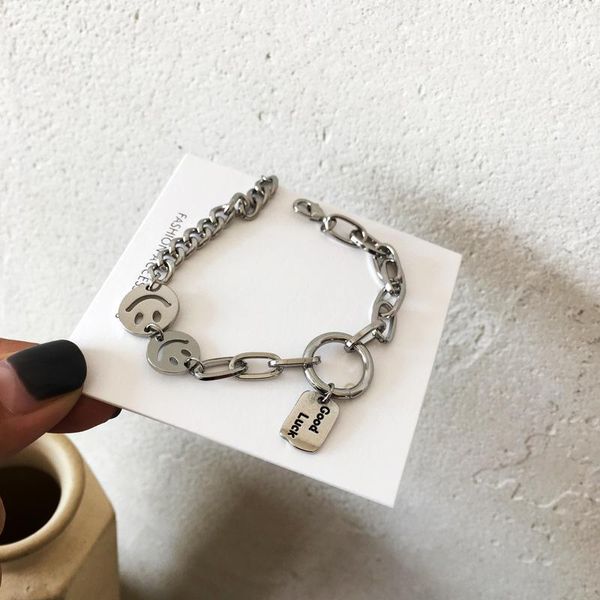 

fashion vintage smiling face thick chain bangle bracelet for men women good luck pendant bracelet hip hop punk jewelry, Black