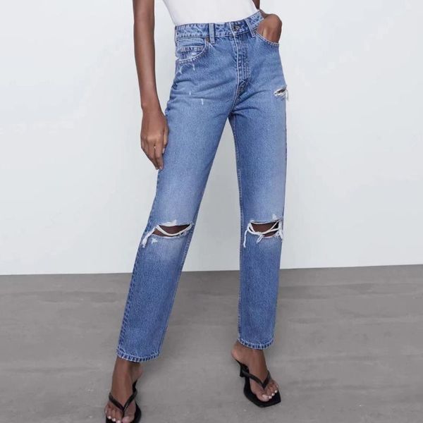 

women's pants & capris za sutumn ripped high waist jeans fashion chic casual trousers wild female retro straight mujer, Black;white