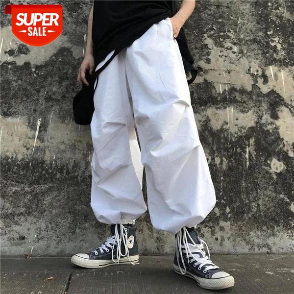

wide leg pant women korean style ins elastic waist pockets loose solid women's clothing high capris casual full length bf white #jf8q, Black;white