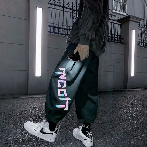 

2021 new preto hip hop outono dos homens vero solto reflexivo moletom streetwear casual cinza coreano calas de rua alta masculino exvp, Black