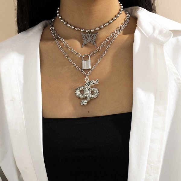 

jewelry round bead chain pendant women's fashion versatile dragon butterfly multi element necklace, Silver