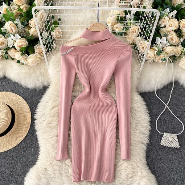 

y hollow off shoulder knitted dress women korean long sleeve slim pencil dress autumn winter bodycon short sweater dress, Black;gray