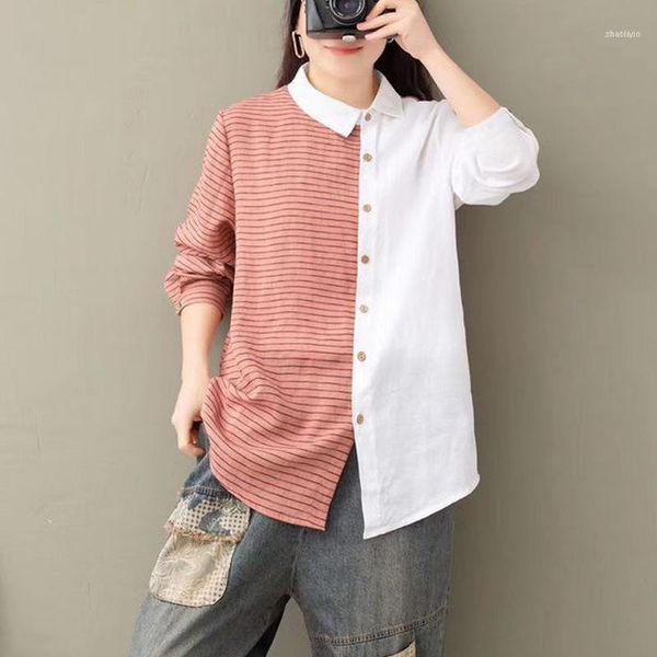 

cotton and linen shirt horizontal stripes splicing straight long sleeve spring autumn blouse high street 2021 women fz23301, White