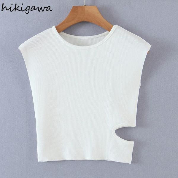 

women's t-shirt hikigawa t-shirts 2021 summer o neck sleeveless side hollow out t shirt solid fashion casual patchwork tshirt, White