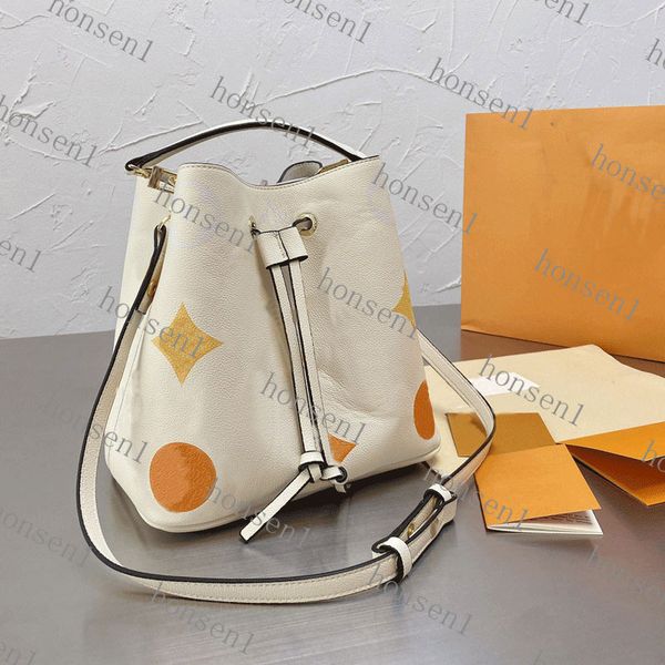 

m57855 m57856 adorable bella bucket bag women canvas mahina genuine calf leather white color perforated letter flower handbag purse shoulder