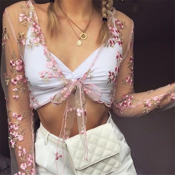 

women mesh see through floral embroidery crop lady summer casual long sleeve front tie up blouse, White