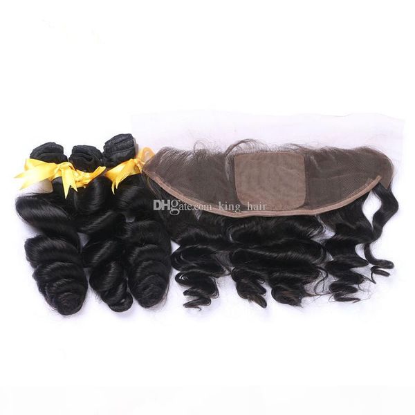 

8a loose wave human hair bundles with lace frontal closure part silk base ear to ear lace frontals with bundles 4pcs lot, Black