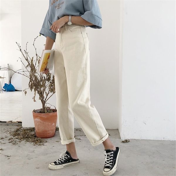 

jeans women solid beige high waist denim ankle-length trousers womens straight loose harajuku ulzzang student all-match fashion, Blue