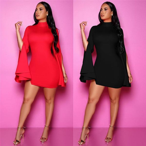 

casual dresses women's solid color split flare sleeve mini dress, Black;gray