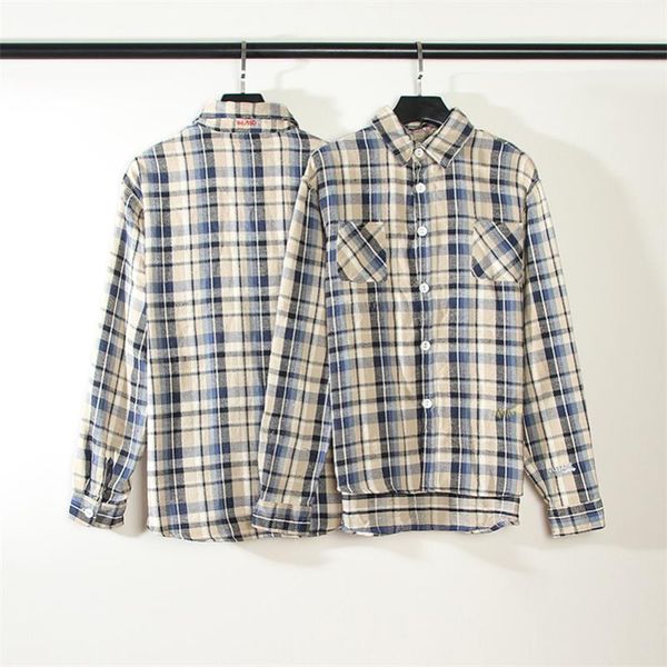 

men's casual shirts 2021 vintage vujade kenijima men women 1:1 embroidery blouse damaged rotten hole plaid flannel shirt, White;black