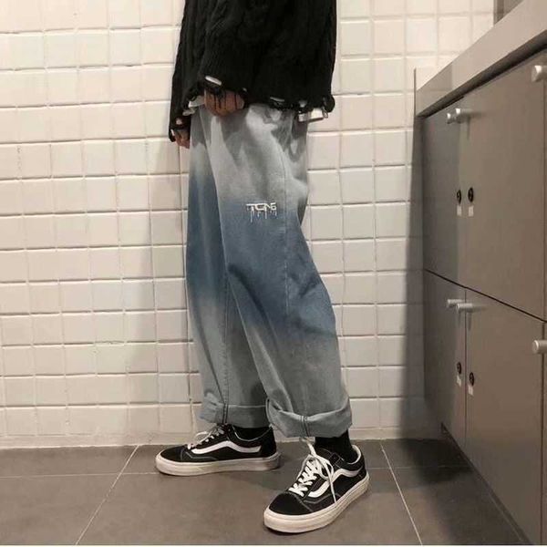 SS gerade Jeans japanische Retro-Stickerei Farbverlauf männlich koreanische lose lässige Overalls mit weitem Bein Unisex Streetwear Hose 210526