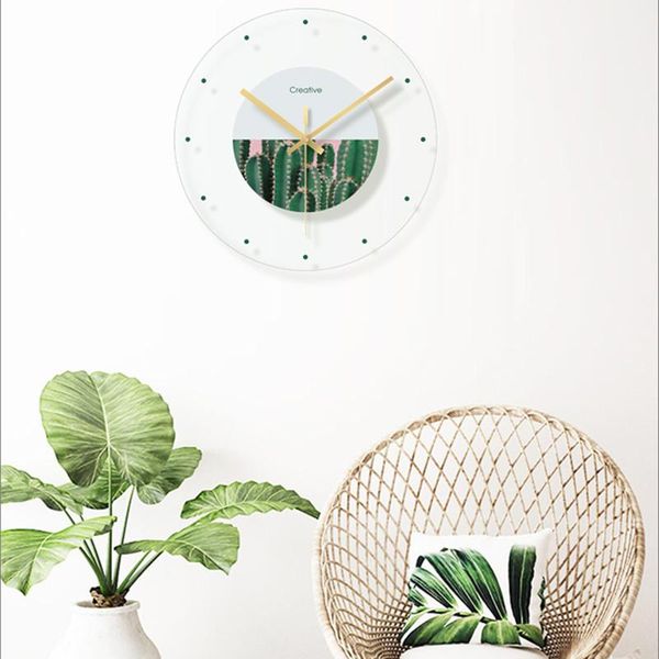 

wall clocks cendy minimalist fashion transparent glass clock green plant flower decoration hanging room bedroom silent