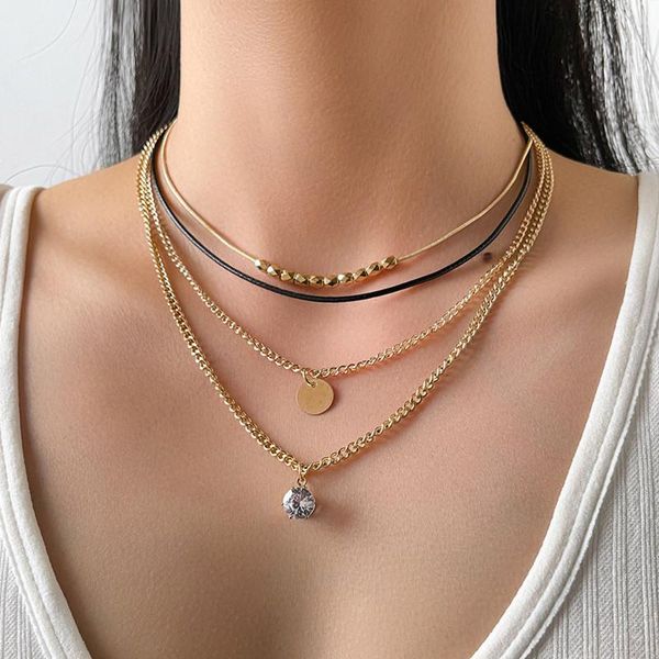 

chokers fashion gold crystal pendant necklace for women vintage multilayer beads clavicle choker set jewelry, Golden;silver