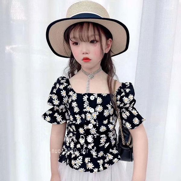 

shirts summer girls blouse baby shirt kids children fashion clothes floral print ruched bottoms button puff sleeve 2 to 9 yrs, White;black