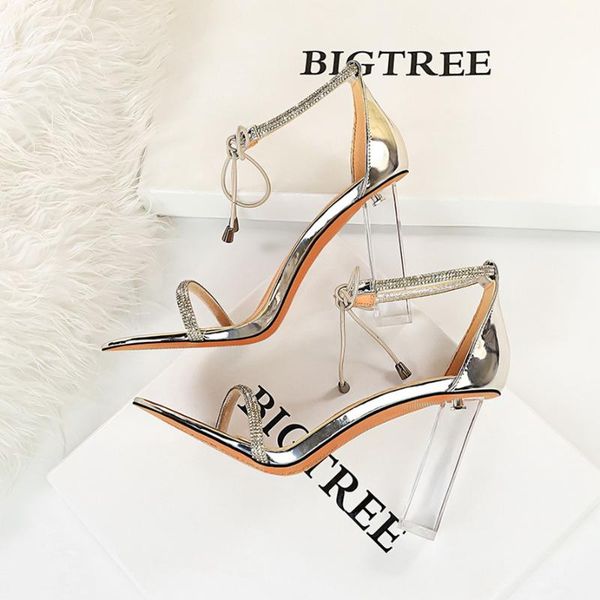

sandals bigtree silver wedding rhinestone shoes woman 2021 summer open toe crystal clear heel ladies size34-43, Black