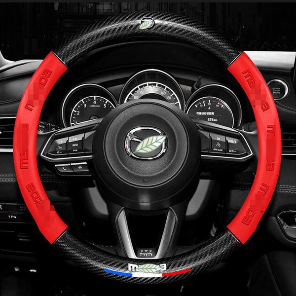 

steering wheel covers carbon fiber leather 3d relief car cover 38cm for 2 3 5 6 8 atenza axela bt-50 cx5 cx7 cx3 cx9 cx30
