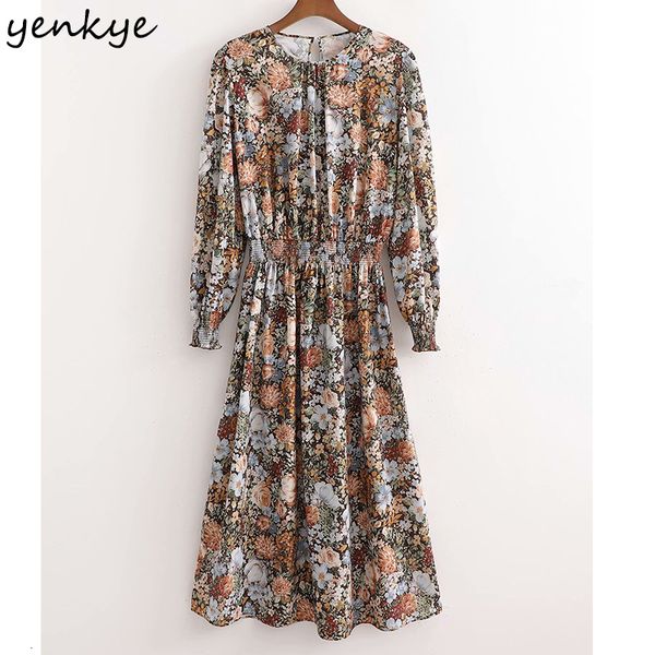

2021 new vintage floral print maxi women o neck long sleeve elastic waist a-line casual summer plus size vestido pkev, Black;gray