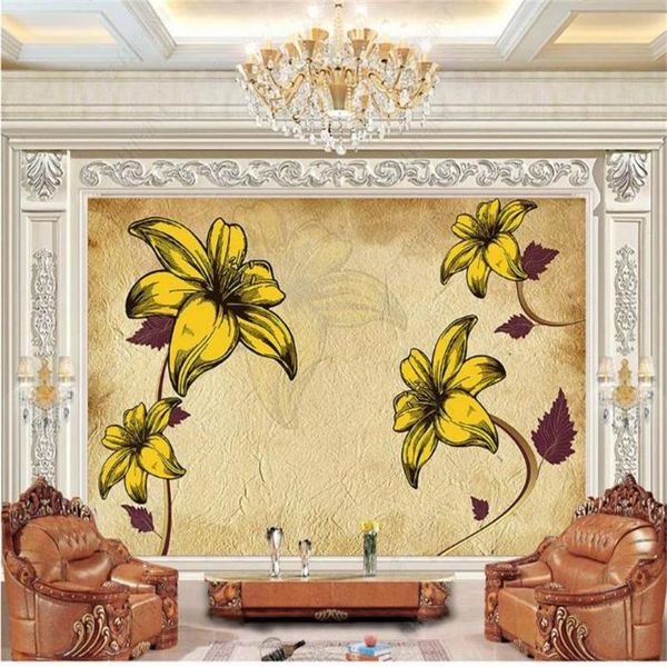 

wallpapers custom size 3d po wallpaper mural living room simple lily yellow retro picture sofa tv backdrop for wall