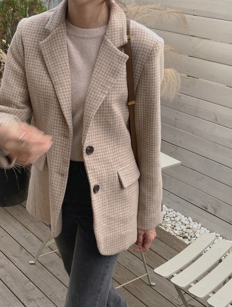 

2021 new autumn korean vintage plaid woolen women long sleeve fashion ladies blazers coats warr, White;black