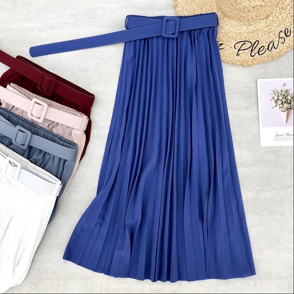 

spring summer women midi skirts belt chiffon pleated long skirts for women daily office skirts saia femme jupe, Black