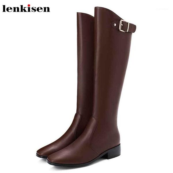 

boots lenkisen winter fashion big size knight buckle straps med heels square toe women zipper warm solid thigh high l6f11, Black