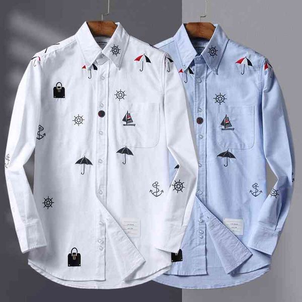 

tb oxford spinning fashion full body embroidery men's wear handsome long sleeve lapel casual shirt, White;black