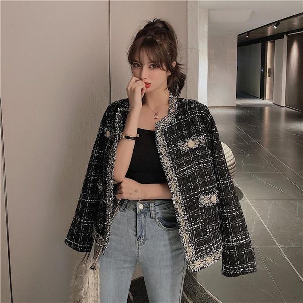 

women's jackets retro short small fragrance jacket women 2021 autumn korean fashion french loose tweed temperament female, Black;brown