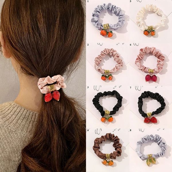 

luxury women satin elastic hair bands shiny crystal fruit pendant hair rope scrunchie ponytail holder ties girl hair accessories, Golden;silver