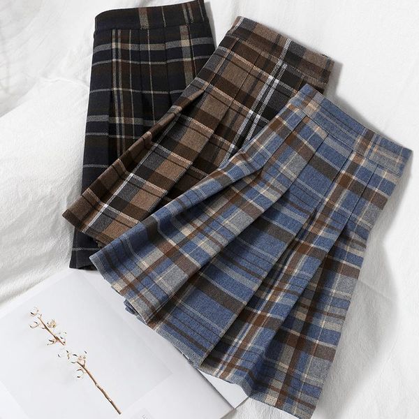 

skirts all-match student color contrast plaid skirt autumn and winter korean college style high-waist woolen pleated short women, Black