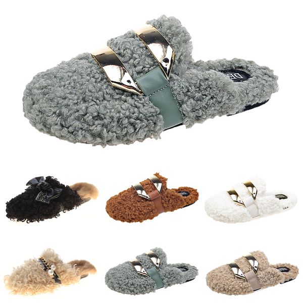 

winter r womens chain metal newly slippers autumn all inclusive wool slipper for women outer wear plus big szie muller half drag324, Black