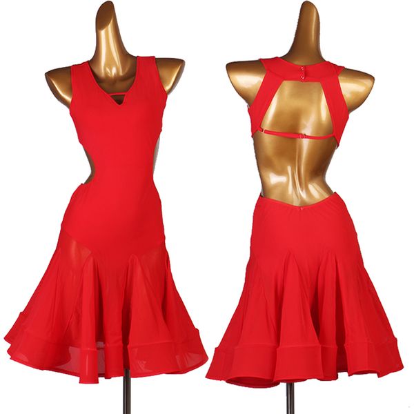 

latin dance clothing women girls red dress back sleeveless dress club salsa dance skirt perform costume practice dress 1485, Black;red