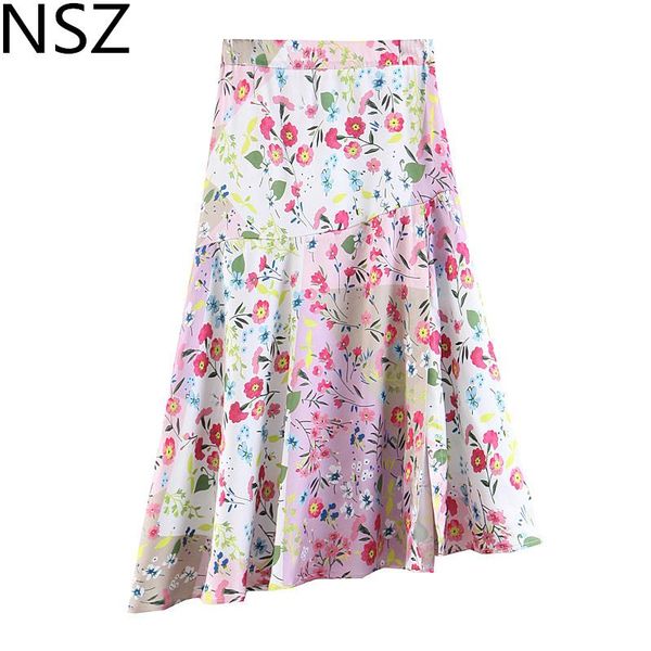

skirts nsz women flower print summer skirt high waist casual asymmetry open split midi, Black