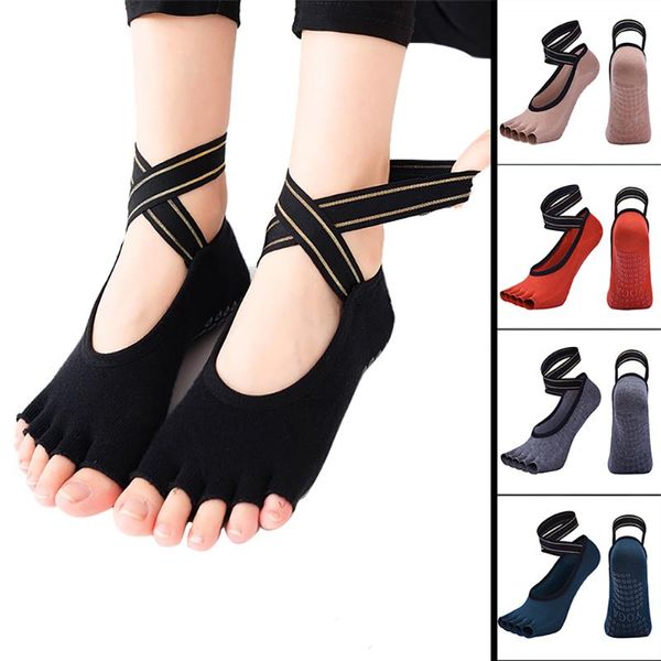 

sports socks toeless yoga pilates grips for women non slip barre dance gym fitness with straps, Black