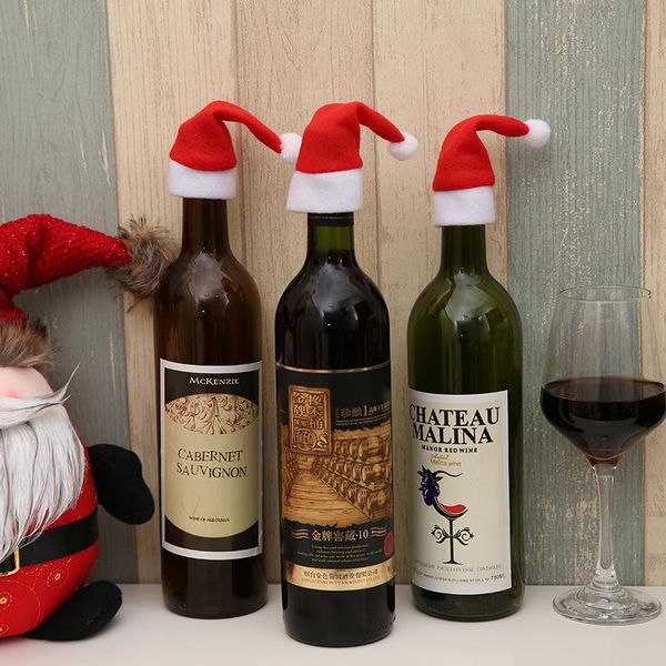 

6x12cm 12pcs/lot red christmas wine bottle caps mini santa hat party dinner table decoration for home christmas decoration