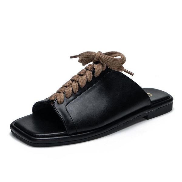 

slippers women flat flip flop 2021 outdoor ladies lace up peep toe fashion comfortable casual female beach shoes, Black