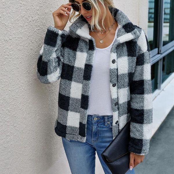 

women's jackets women coats chic female coat ladies autumn winter plaid jacket faux fur streetwear lapel loose outerwear, Black;brown