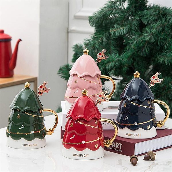

mugs 2021european ceramic christmas tree design coffee mug with lid and spoon porcelain couple milk cute office tea cup drinkware