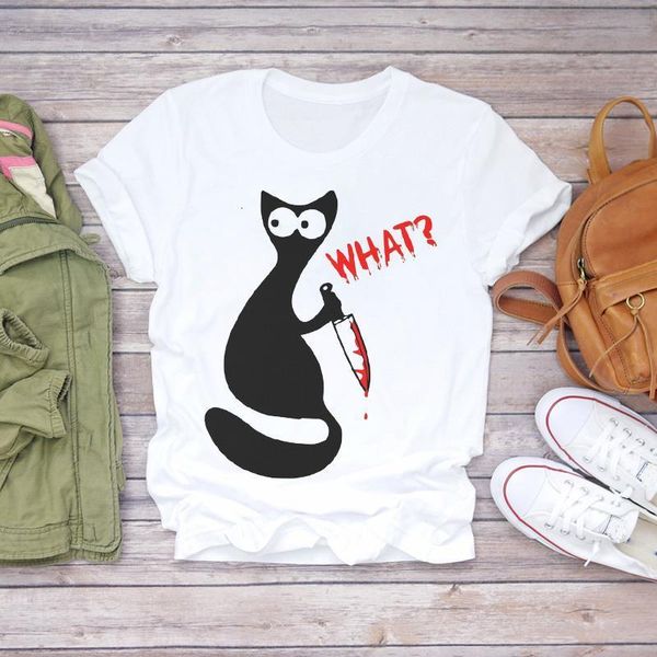 

women cartoon cat cute animal printing halloween 90s print lady t-shirts womens graphic t shirt ladies female tee t-shirt, White