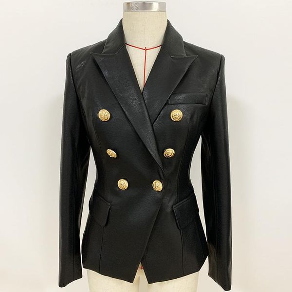 

winter fall 2021 designer blazer jacket women's lion metal buttons double breasted synthetic leather blazer overcoat, White;black